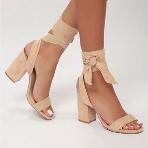 Lulus Alta Light Nude Suede Lace-Up Heels, size 6.5